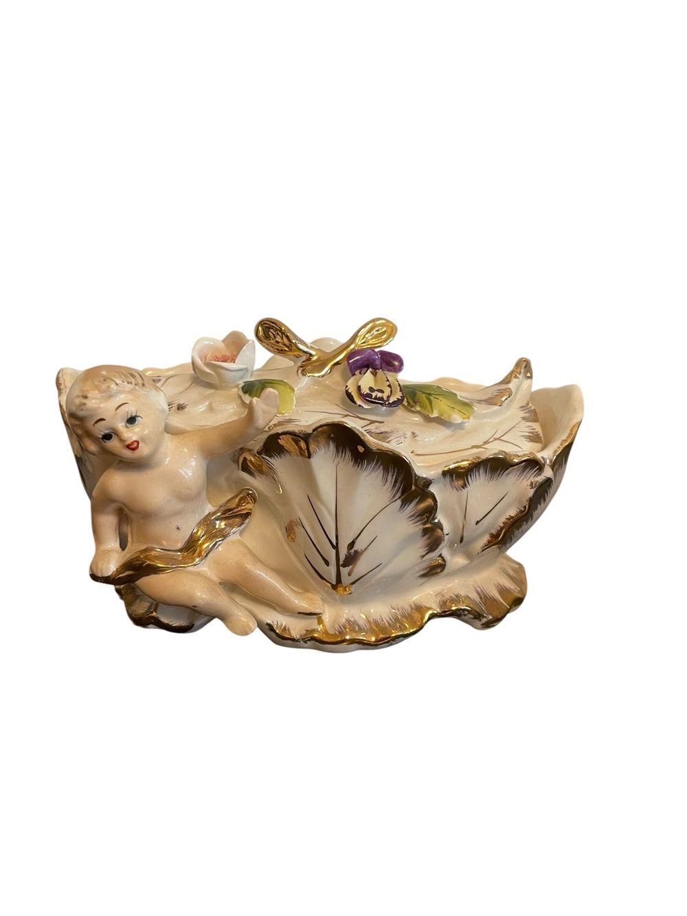 Vintage Royal Sealy Japan Cherub Leaf Porcelain Trinket Box Gold Gilt Floral